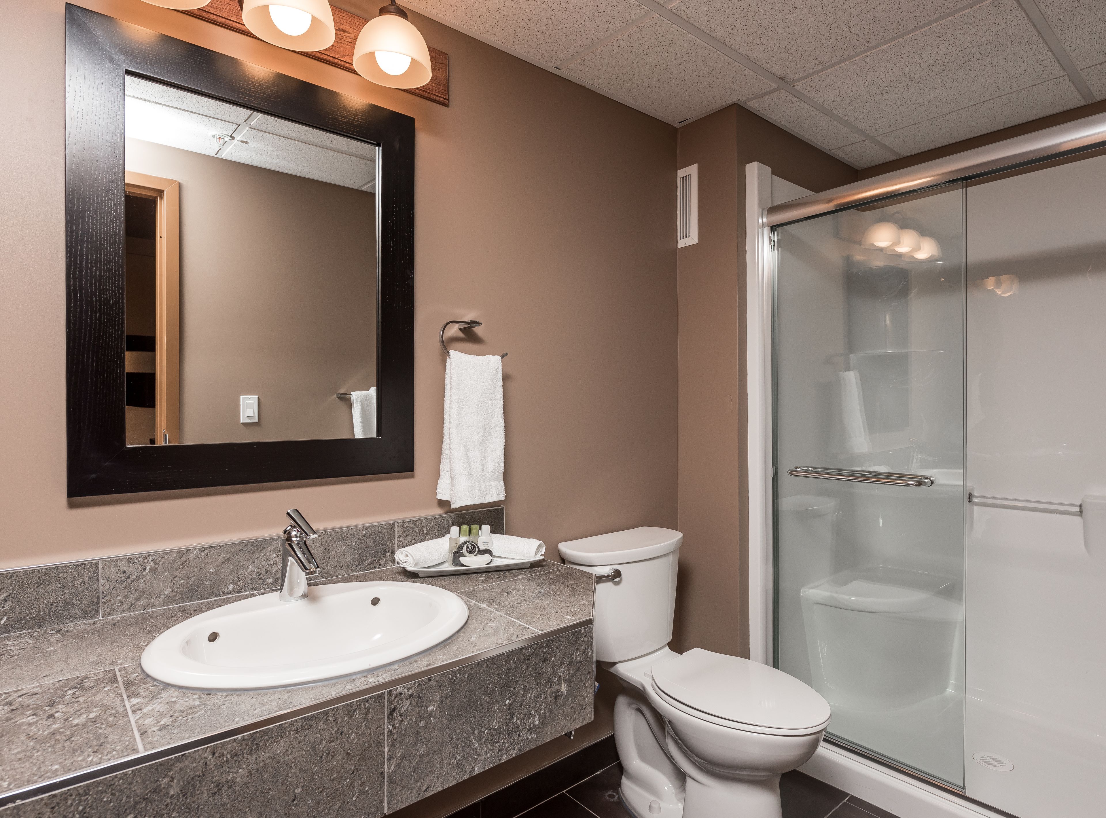 A modern bathroom with a sink, toilet, and glass shower enclosure.