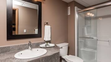 A modern bathroom with a sink, toilet, and glass shower enclosure.