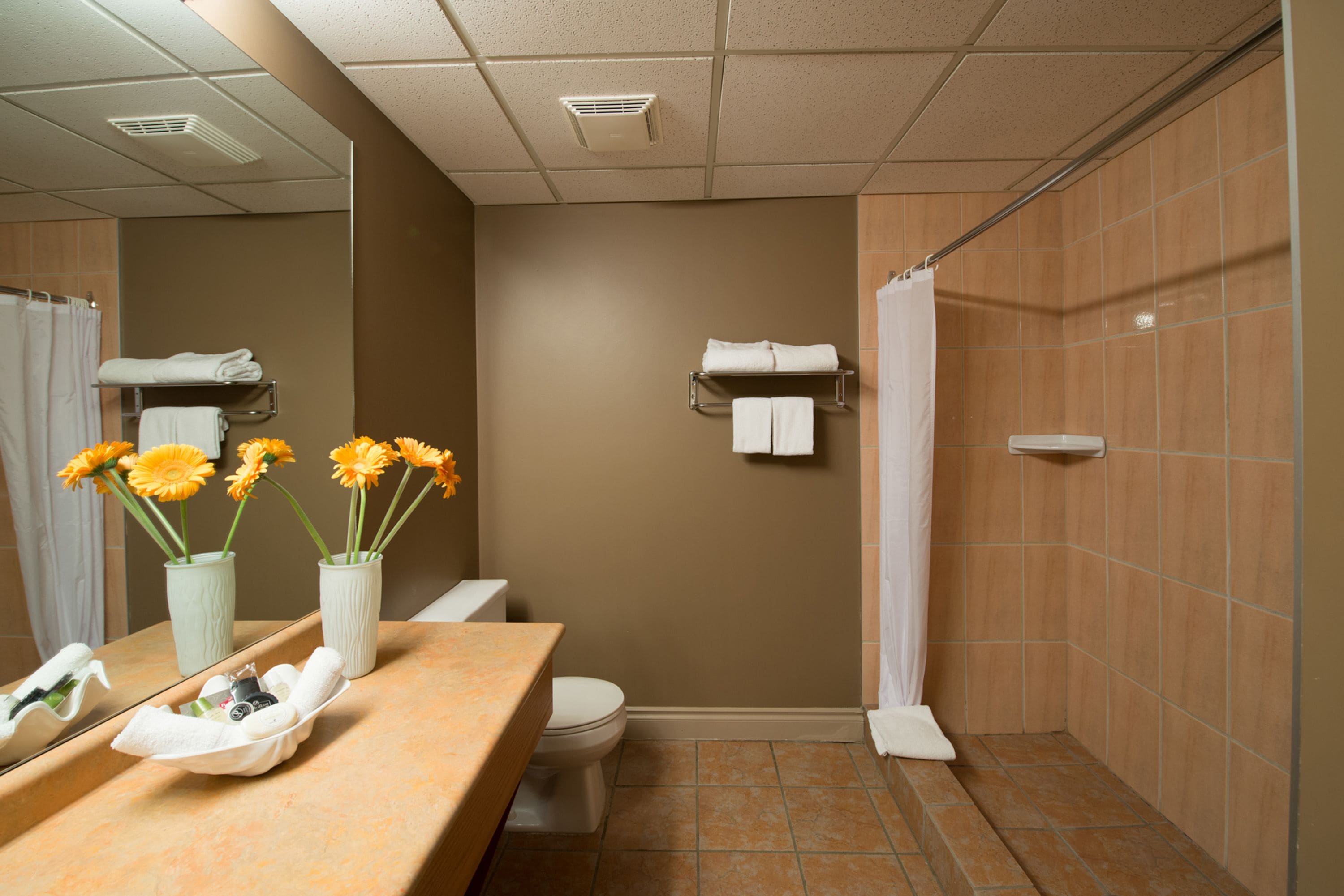 Ein Badezimmer mit beiger Wand, Toilette in Weiß, Waschbecken mit Spiegel und Duschbereich.