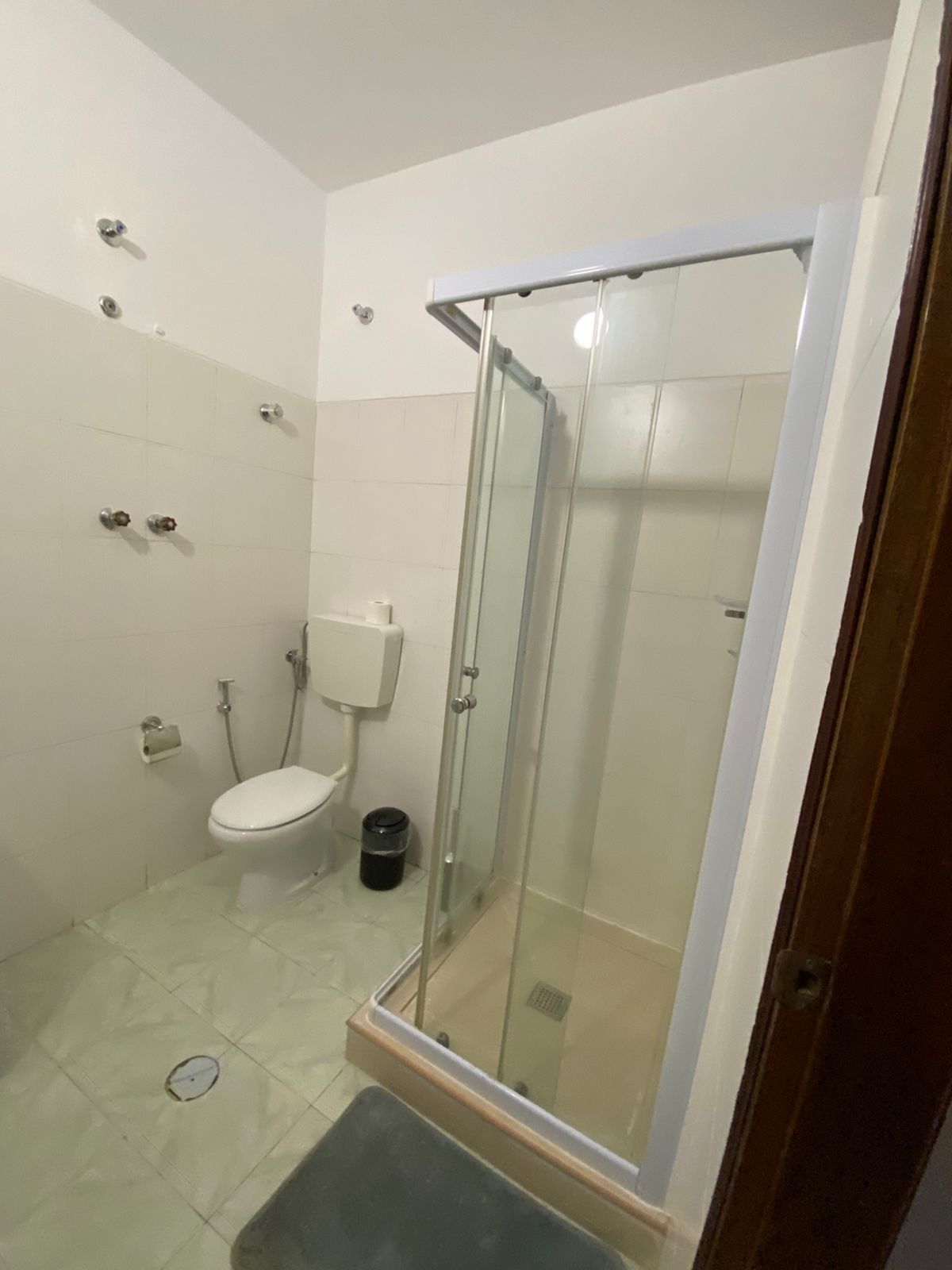 Casa de banho com chuveiro de vidro, sanita e um lixo.