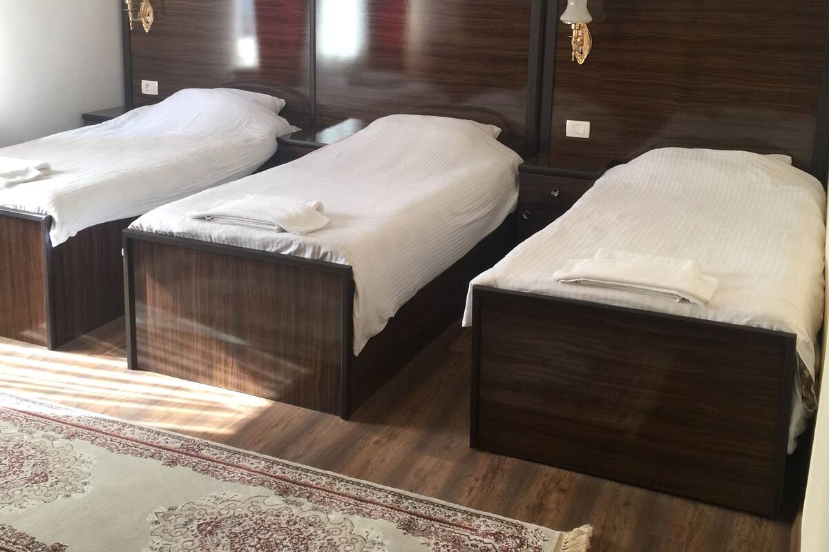 Una habitación de hotel con tres camas individuales, una araña y un tapete estampado.