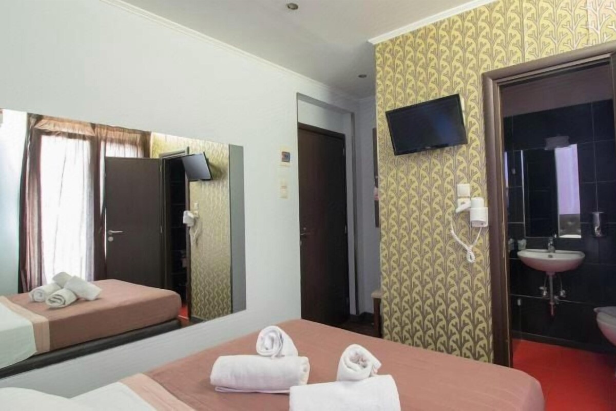 Une chambre d’hôtel comprenant un lit, une table de chevet, un miroir, une télévision et une salle de bain avec un lavabo et des toilettes.