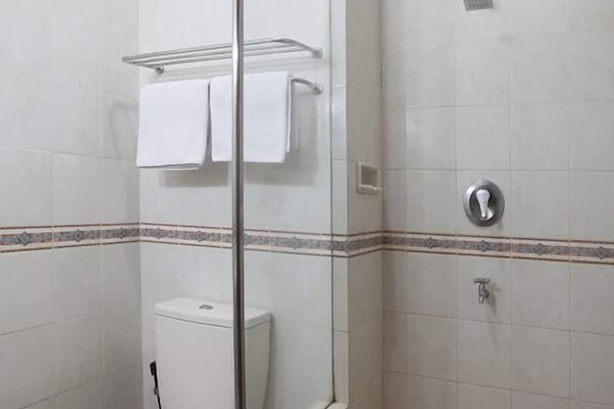 shower, rainfall showerhead, free toiletries, towels