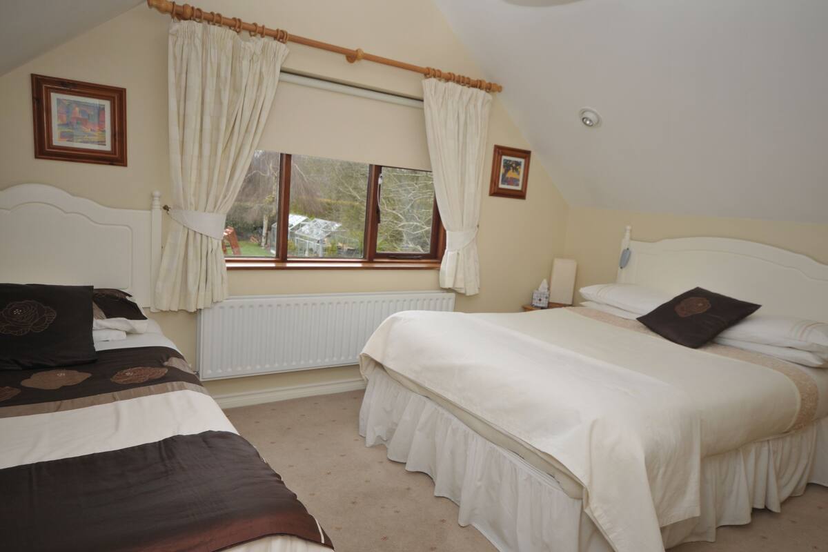 A bedroom with two beds, a window with curtains, a radiator, and framed pictures on the wall.