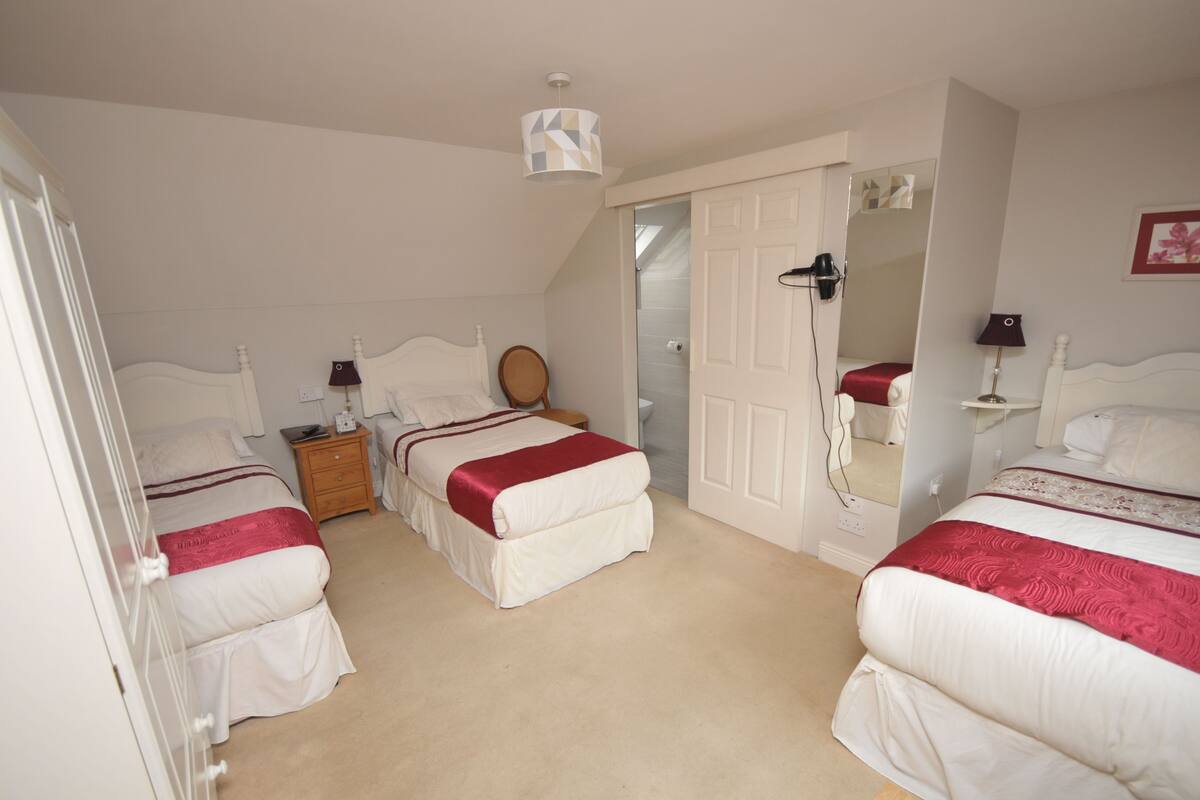 A bedroom with two beds, a nightstand, a mirror, and a door leading to another room.