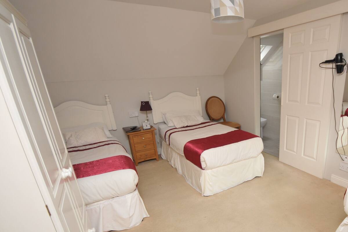 A bedroom with two beds, a nightstand, a lamp, and a mirror.