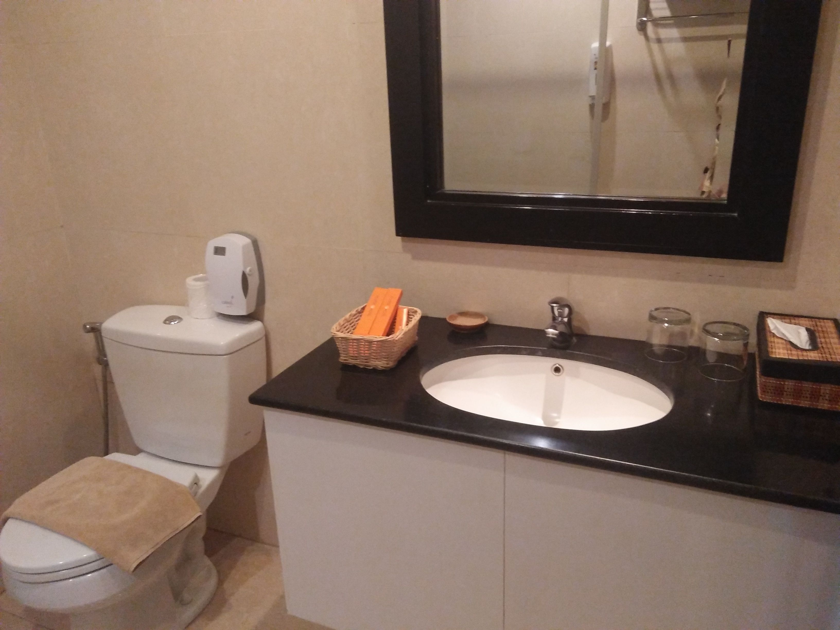 deluxe room | bathroom | shower, rainfall showerhead, hair dryer, slippers