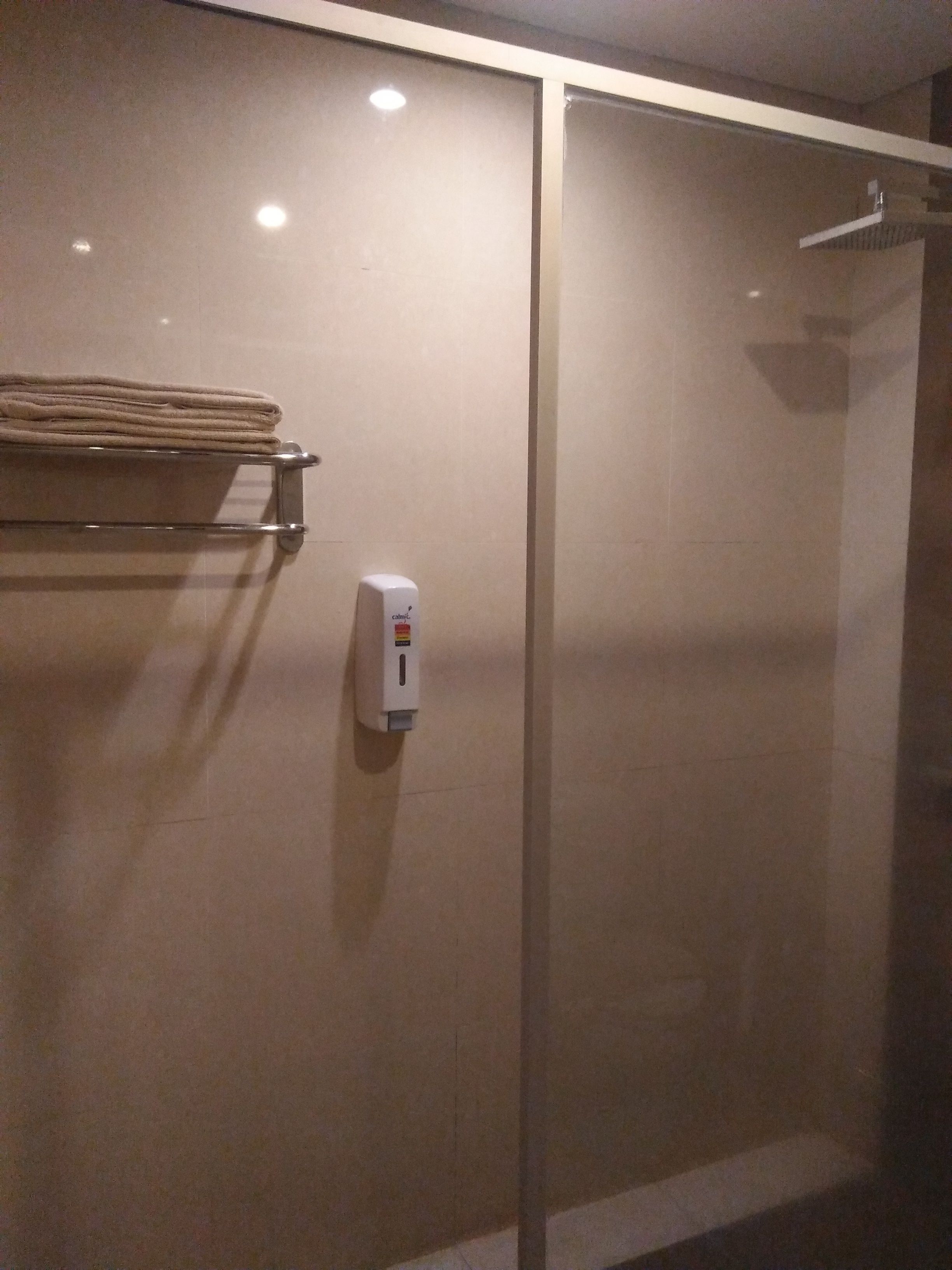 Un baño con cabina de ducha de vidrio, un perchero con toallas dobladas y un dispensador de jabón en la pared.