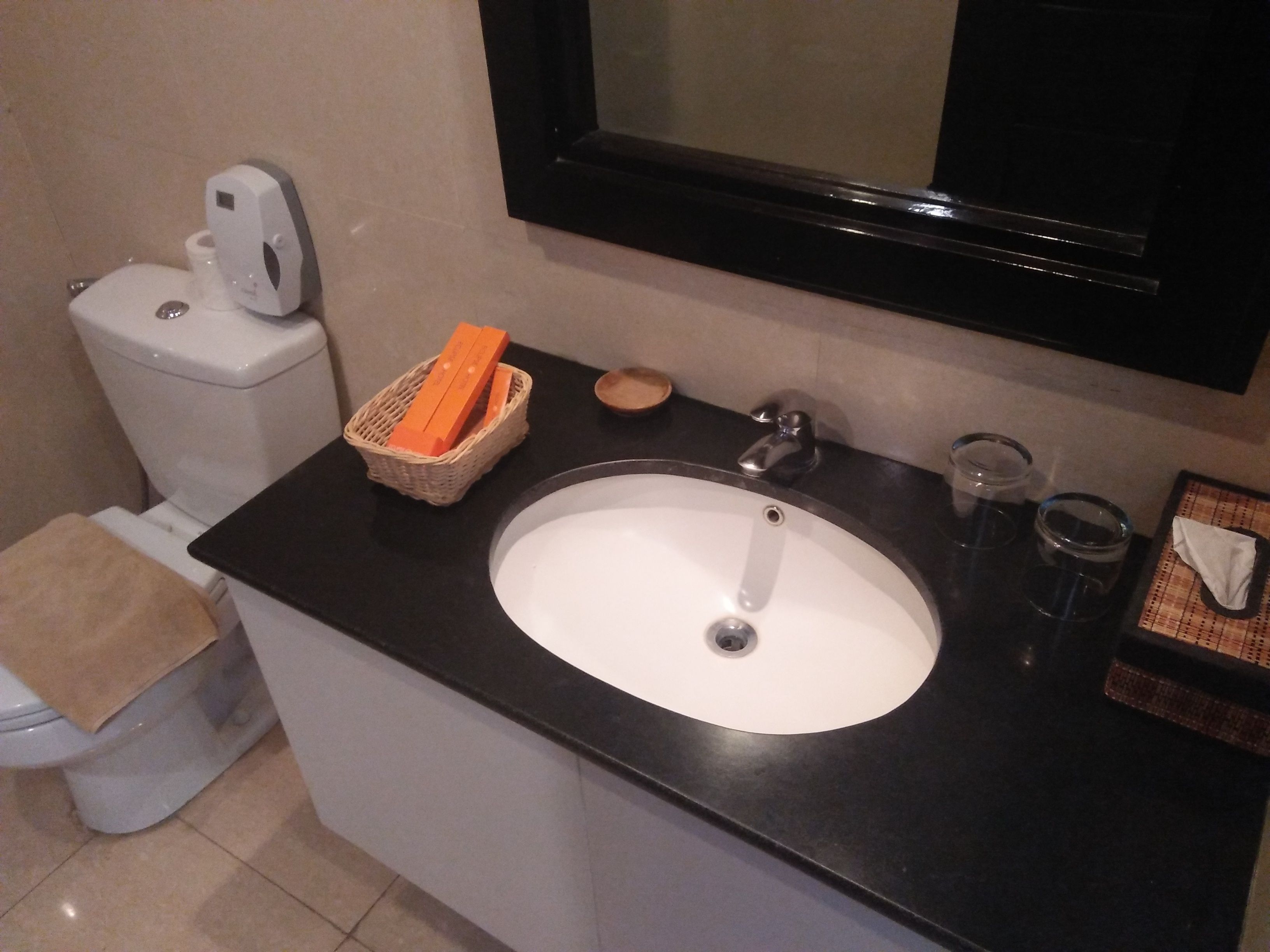 deluxe room | bathroom | shower, rainfall showerhead, hair dryer, slippers