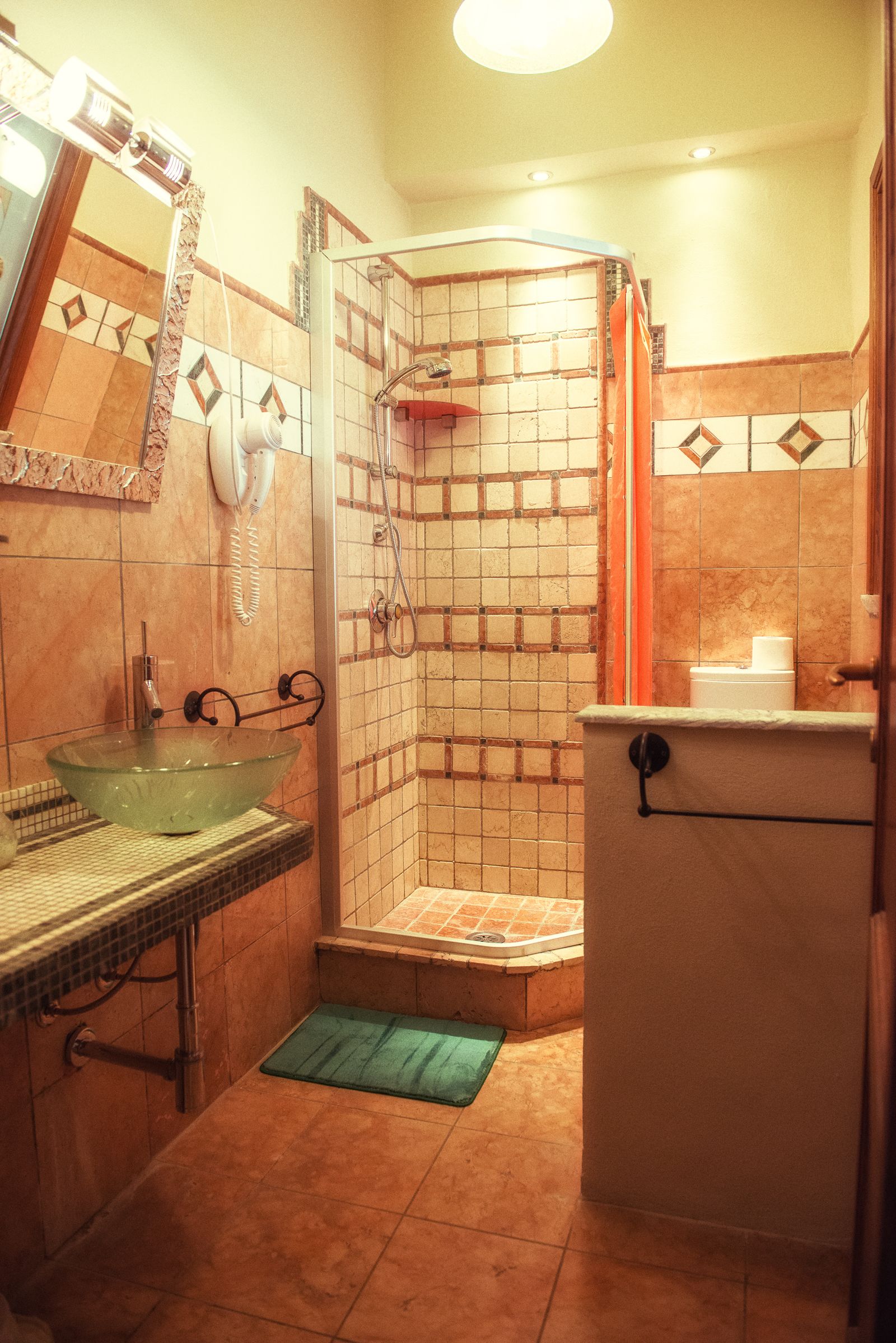 Un bagno con lavabo in vetro, doccia e WC.