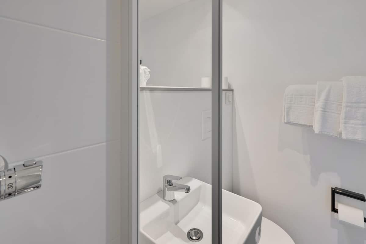 shower, free toiletries, hair dryer, towels
