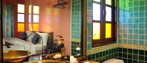 Shower, rainfall showerhead, designer toiletries, towels