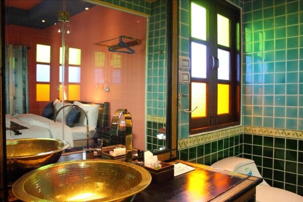 Shower, rainfall showerhead, designer toiletries, towels