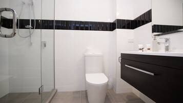 A modern bathroom with a glass shower enclosure, a white toilet, and a dark-colored vanity with a mirror.