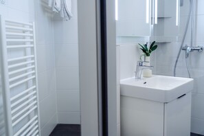 Bathroom features a white sink, shower area with glass enclosure, and a towel rack.