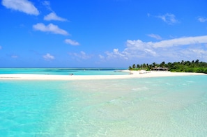 On the beach, white sand, beach towels, scuba diving