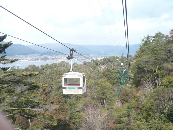 A cable car suspended over a forested area with a view of a distant city and mountains.