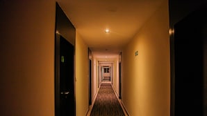 Un estrecho pasillo bien iluminado, con piso estampado, que conduce a una puerta al final.