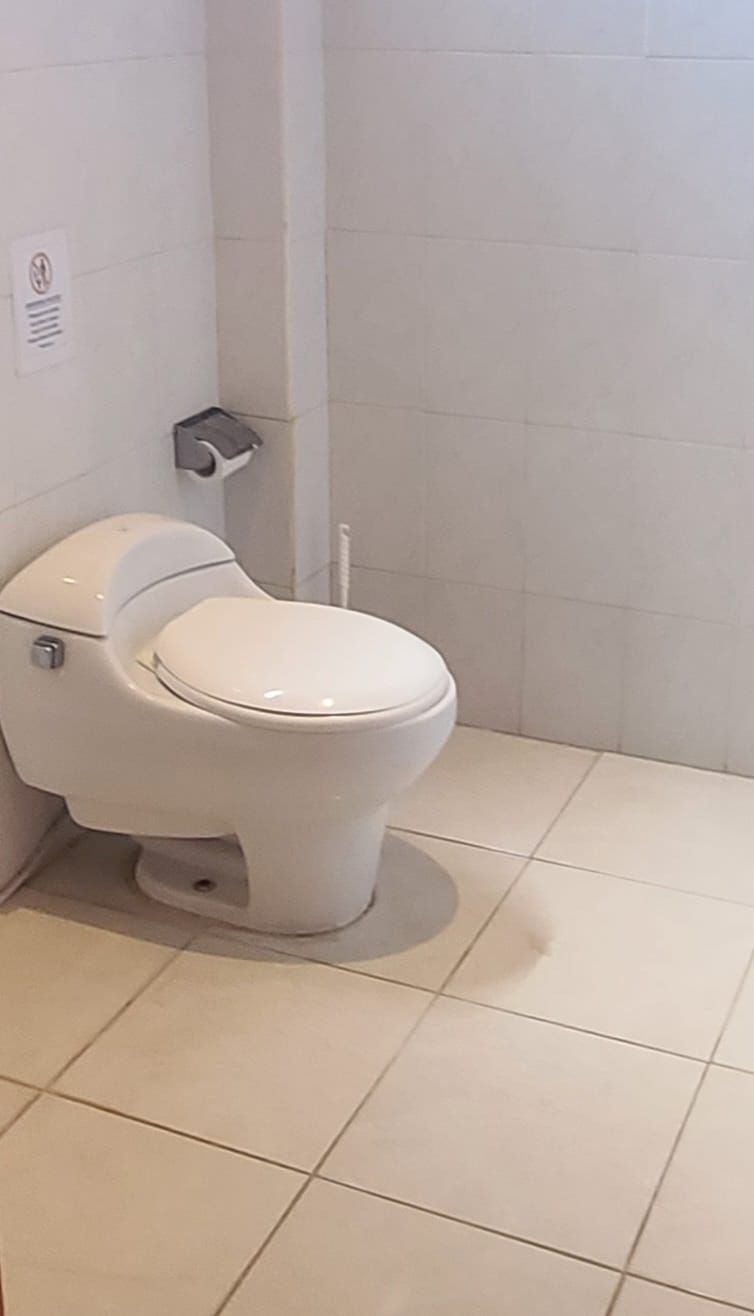 A standard white toilet in a bathroom with white tiles on the walls and floor.