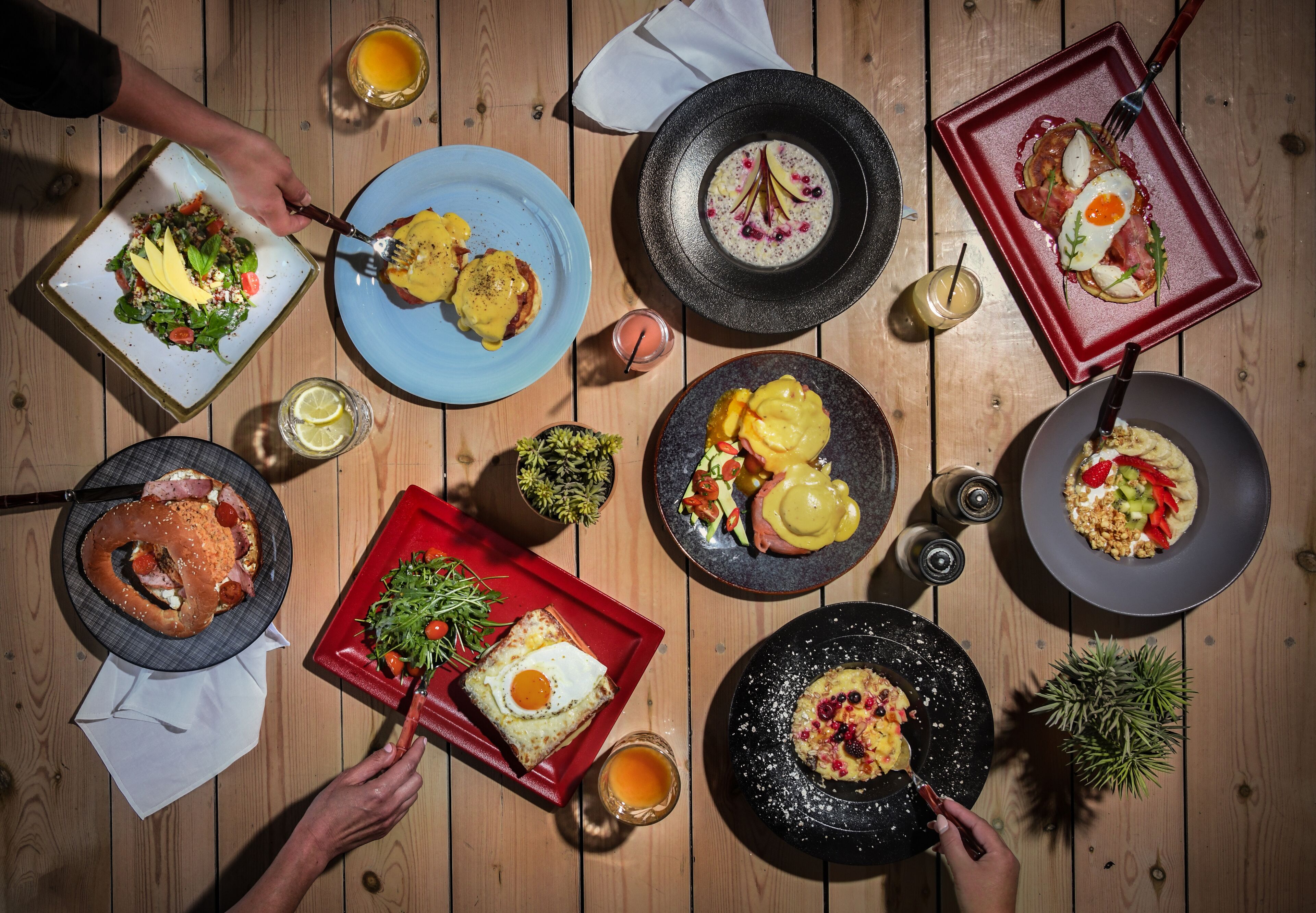 Een houten tafel met diverse gerechten, waaronder eieren, salades en vlees, wat wijst op een eetomgeving.