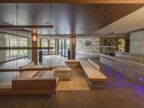 Sauna, steam room, hot stone massages, body wraps, body scrubs, facials