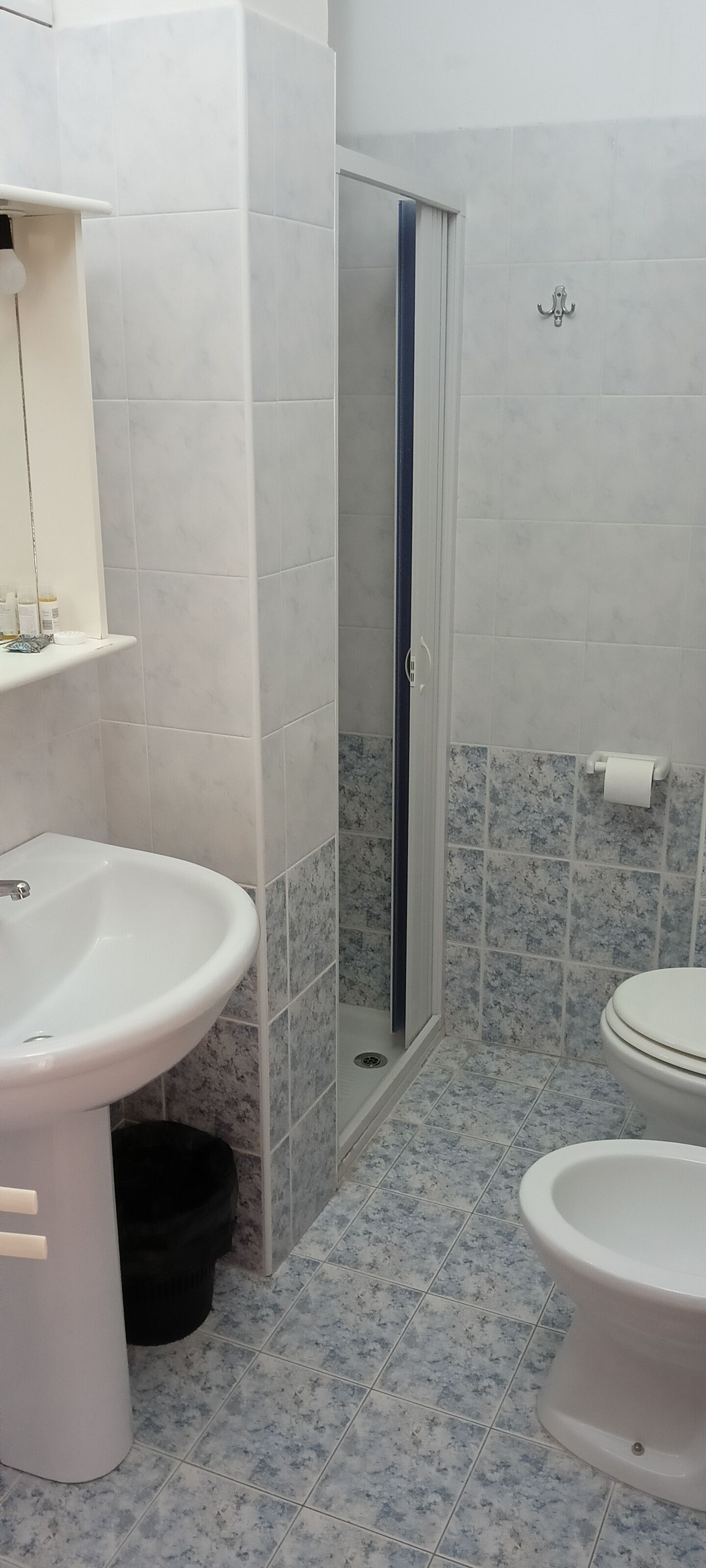 A bathroom with a shower, two sinks, and a toilet.