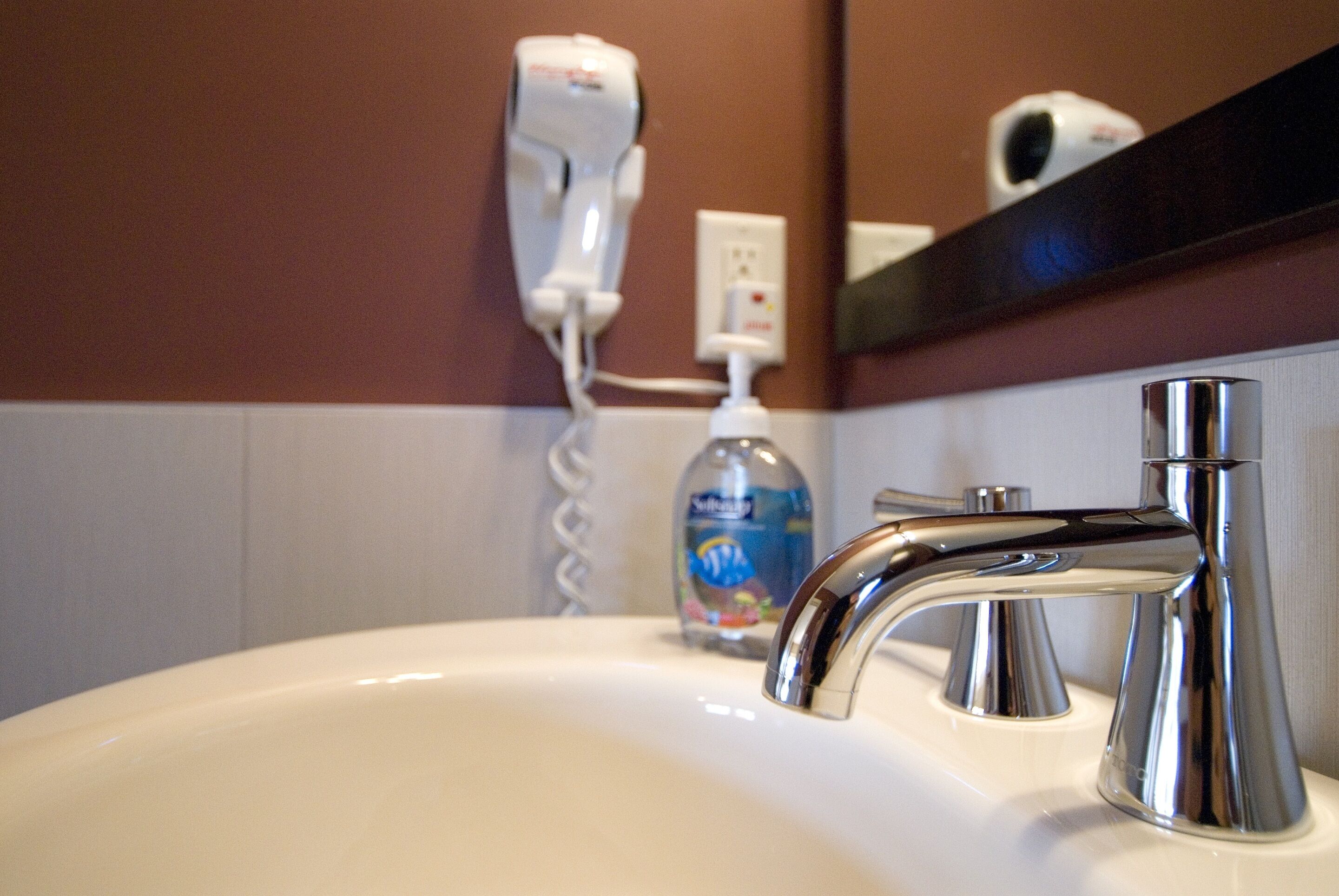 A bathroom sink with a chrome faucet, a hair dryer, and a bottle of hand soap.