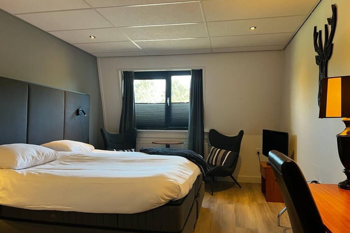 Una habitación de hotel con cama, escritorio, computadora, silla y ventana con cortinas.