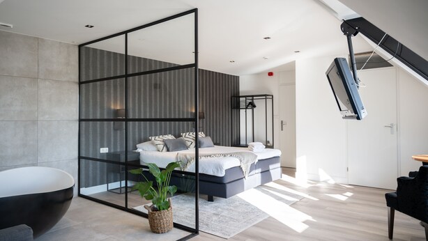 Un dormitorio moderno con una cama grande, un separador de vidrio, una silla negra y una planta.