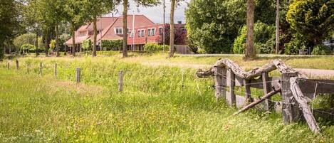 A red-roofed house with a wooden fence in a grassy field.