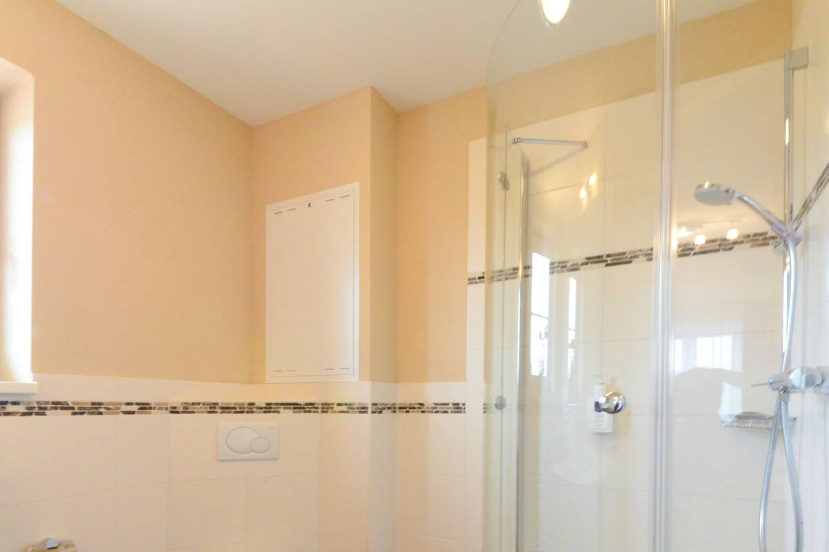 A bathroom with a glass-enclosed shower, a toilet, and a sink.