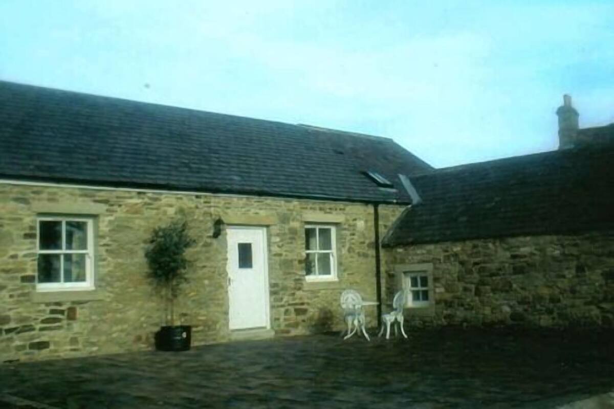 A stone building with a sloped roof, a door, and two windows. There is a small tree and a chair outside.