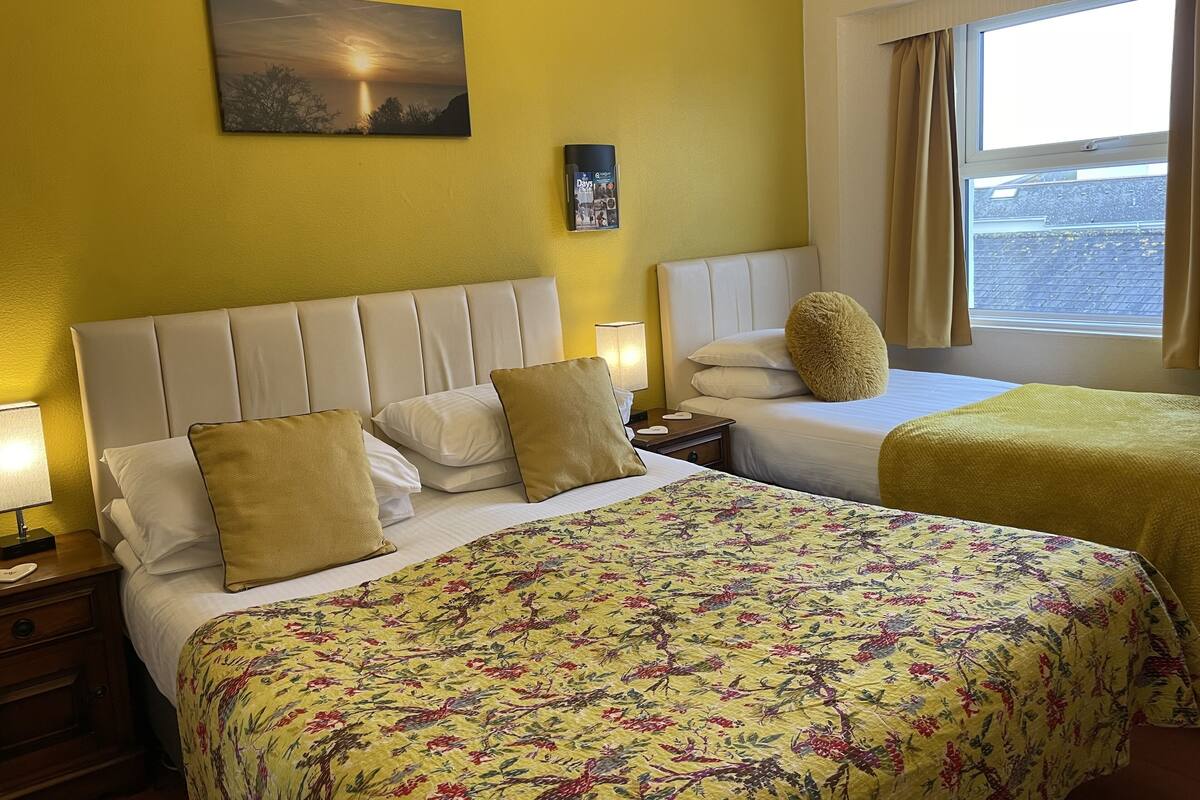Hotelkamer met twee bedden, een nachtkastje, een lamp, een schilderij aan de muur en een raam met gordijnen.