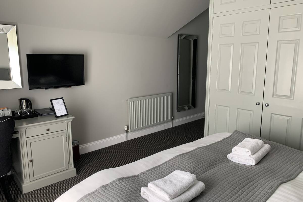 Una habitación de hotel con cama, escritorio, televisor, armario y radiador.