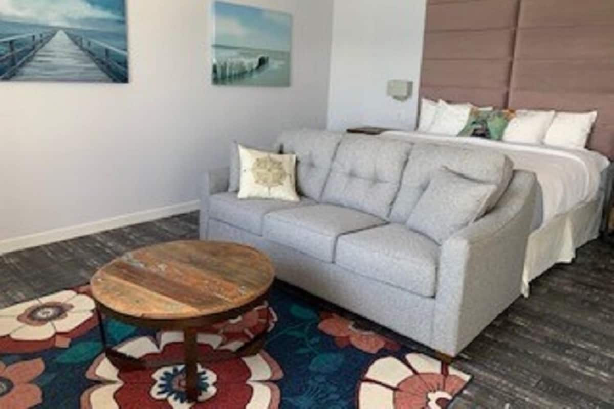 Luxury Studio Suite, 1 King Bed with Sofa bed, Lake View 205, Not Pet Friendly | Living area | 55-inch Smart TV with cable channels, TV