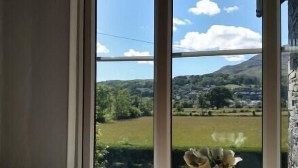 A table with a vase of flowers and a remote control, positioned in front of a window with a scenic view of green fields and mountains. - Bluebird Lodge and Waterhead Apartment (Coniston)