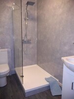 A bathroom with a glass-enclosed shower, a toilet, and a sink.