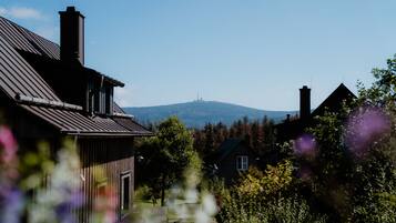 Ein Wohngebiet mit Häusern, einem Hügel im Hintergrund und blauem Himmel.
