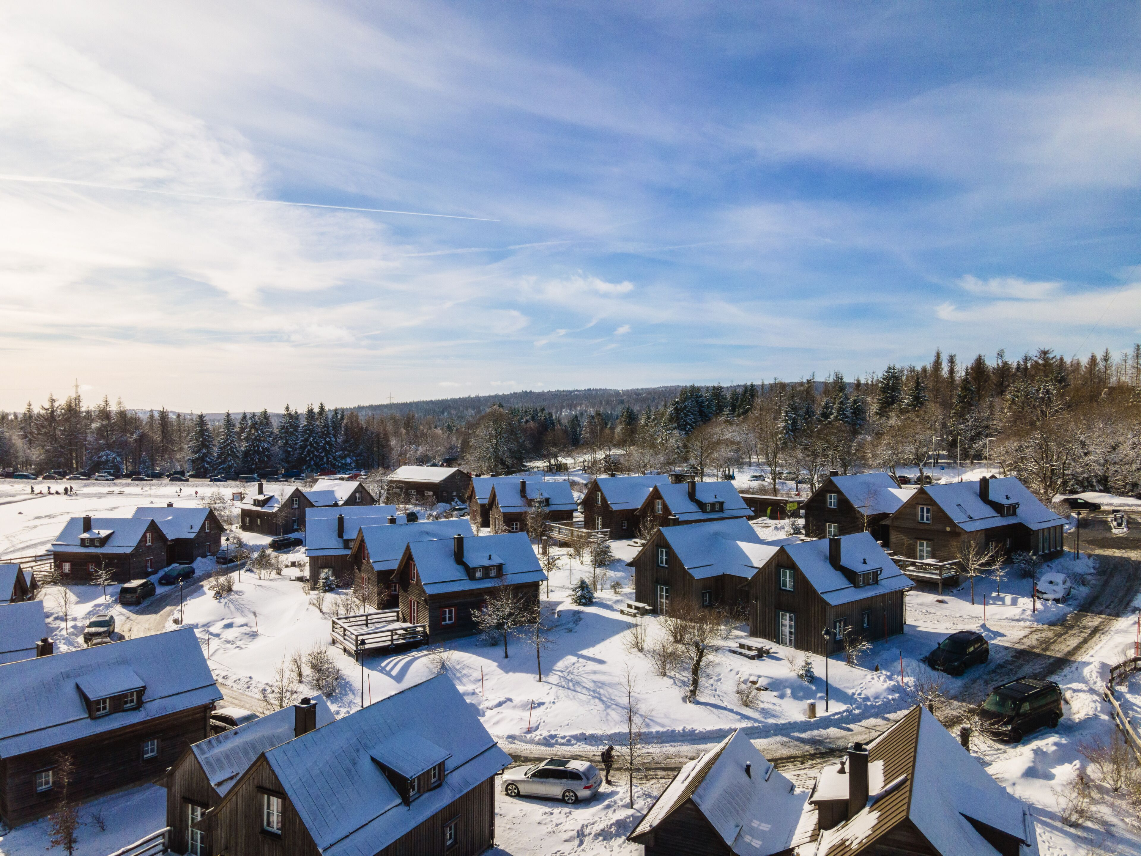 A cluster of wooden cabins with snow-covered roofs, surrounded by a forested area.