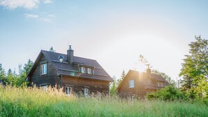 Two wooden houses with sloped roofs, surrounded by tall grass and trees, under a clear sky. - Torfhaus HARZRESORT (Clausthal-Zellerfeld)