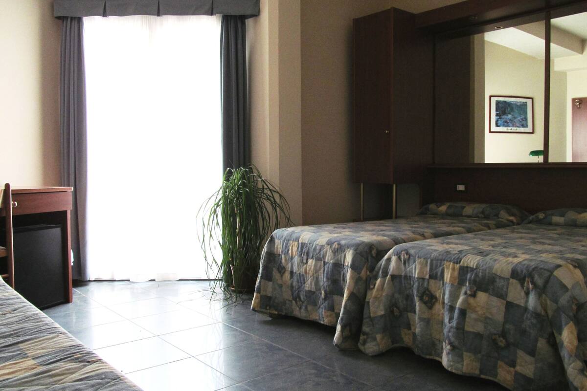 A hotel room with two beds, a desk, a potted plant, and a large mirror.