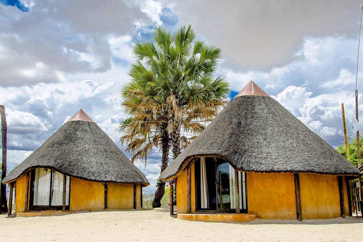 Thatched-roof huts with large windows, situated on sandy ground, with a palm tree in the background.