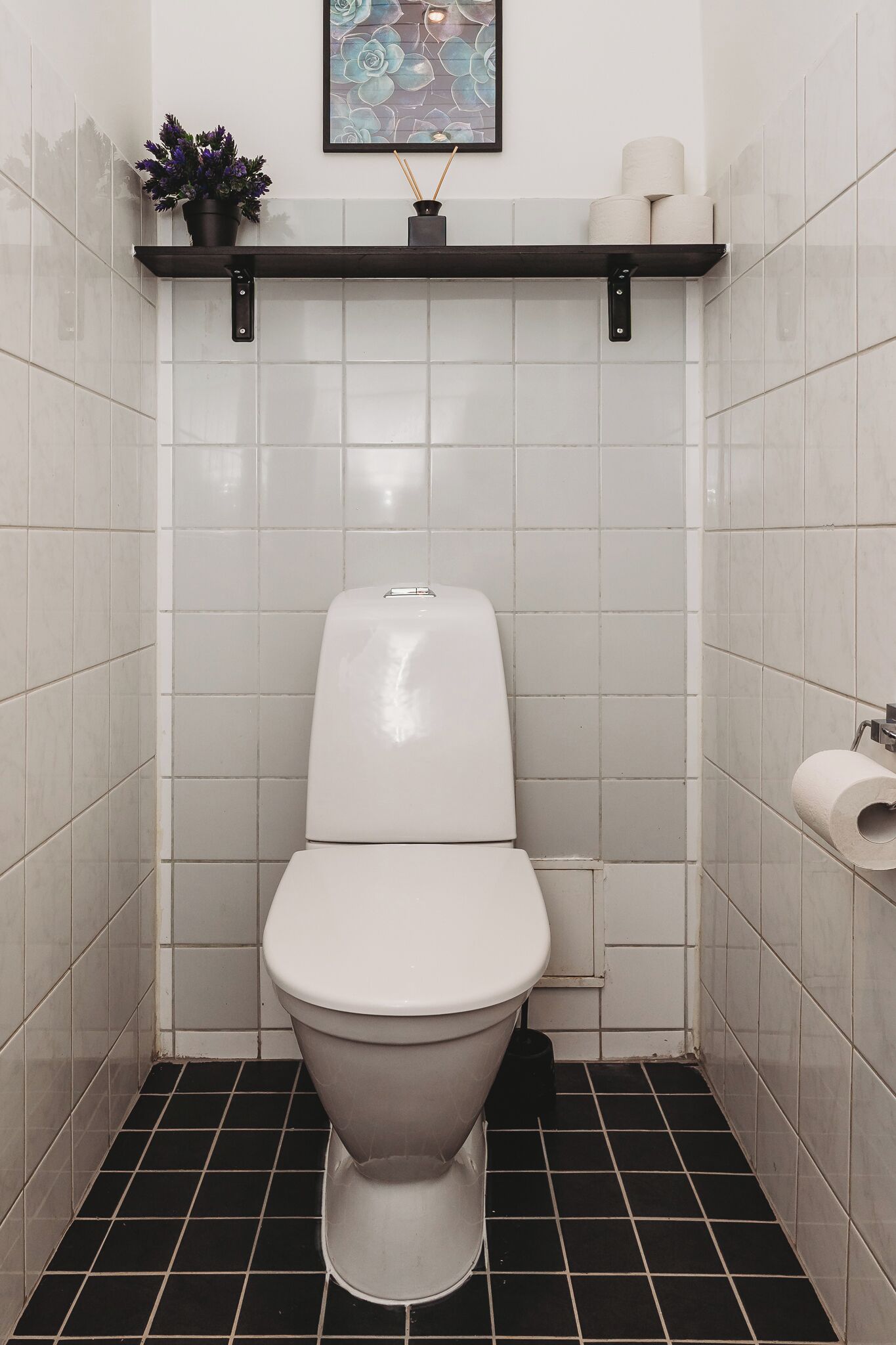 A small, modern bathroom with a white toilet, black tiled floor, and a shelf above the toilet holding a potted plant and toilet paper.