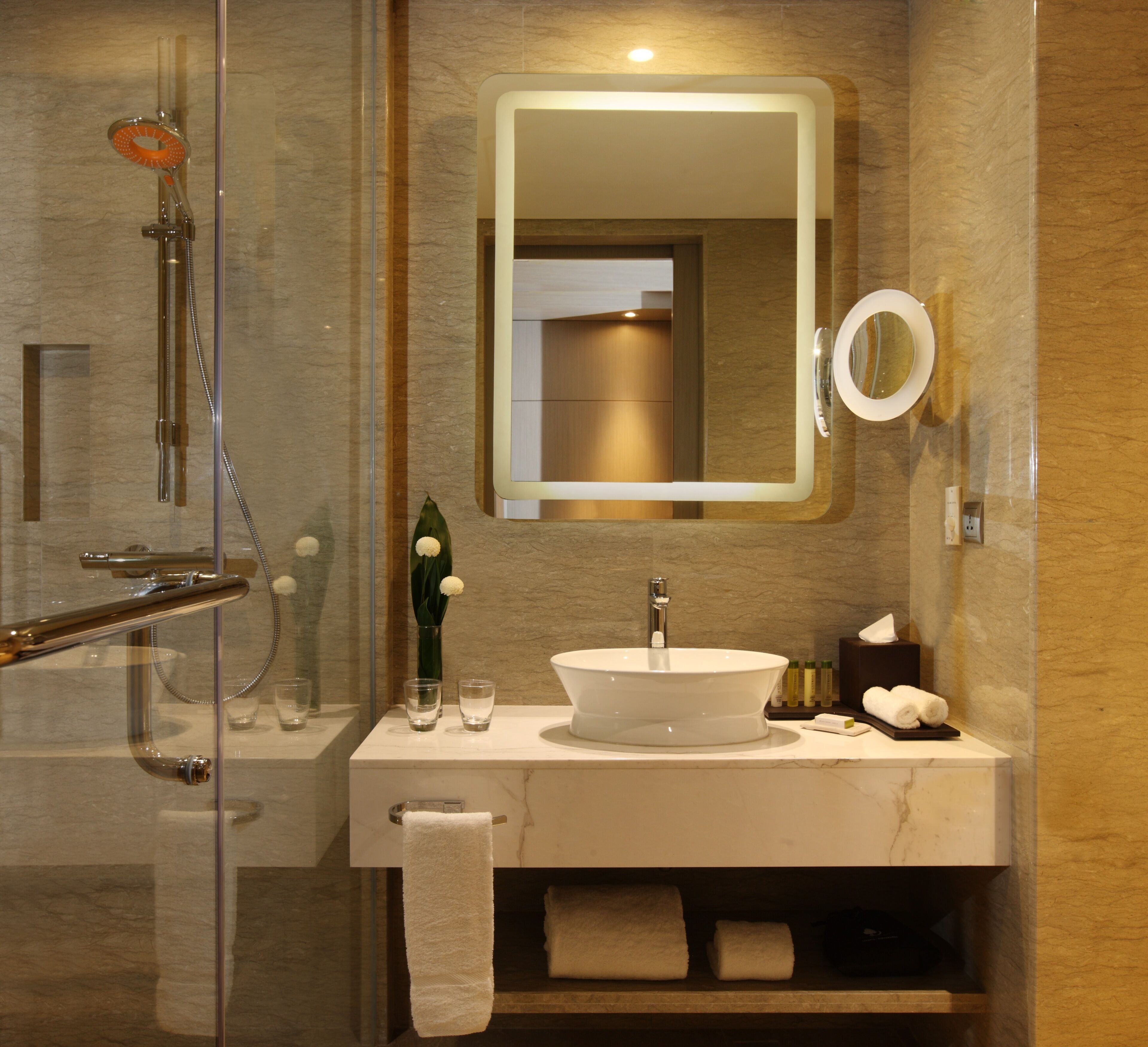 A modern bathroom with a glass-enclosed shower, a white sink, and a mirror.