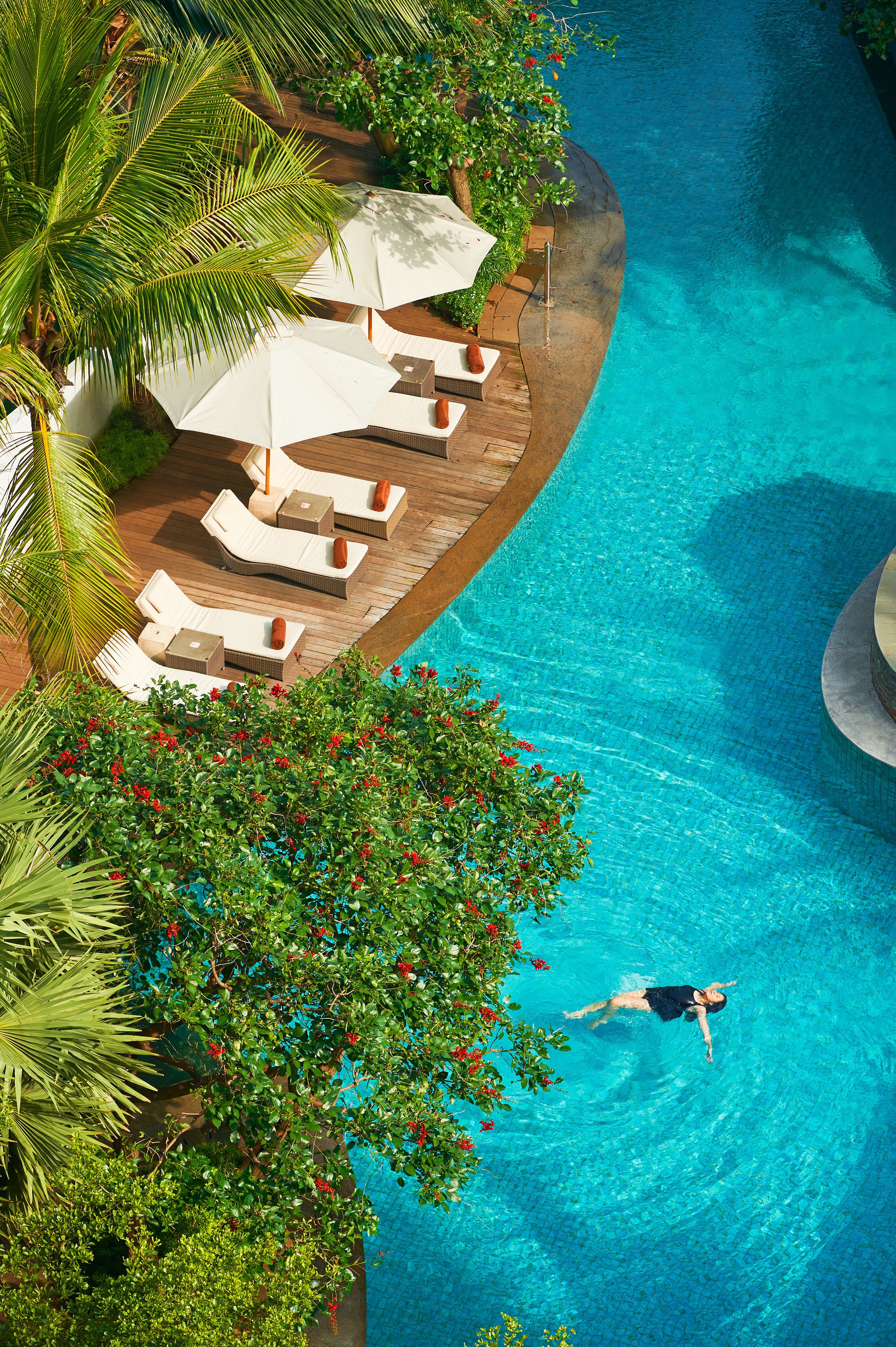 outdoor pool, pool loungers