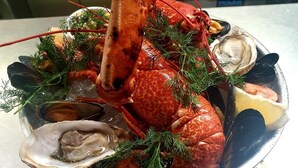 A seafood platter with a lobster, mussels, oysters, shrimp, and various other shellfish, garnished with dill. - The Bulls Head (Chichester)