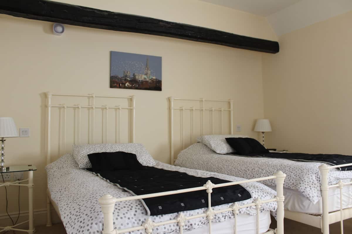 Una habitación con dos camas, cada una con estructura blanca y cabecero negro, una mesita de noche con lámpara y un cuadro de un paisaje urbano colgado en la pared.