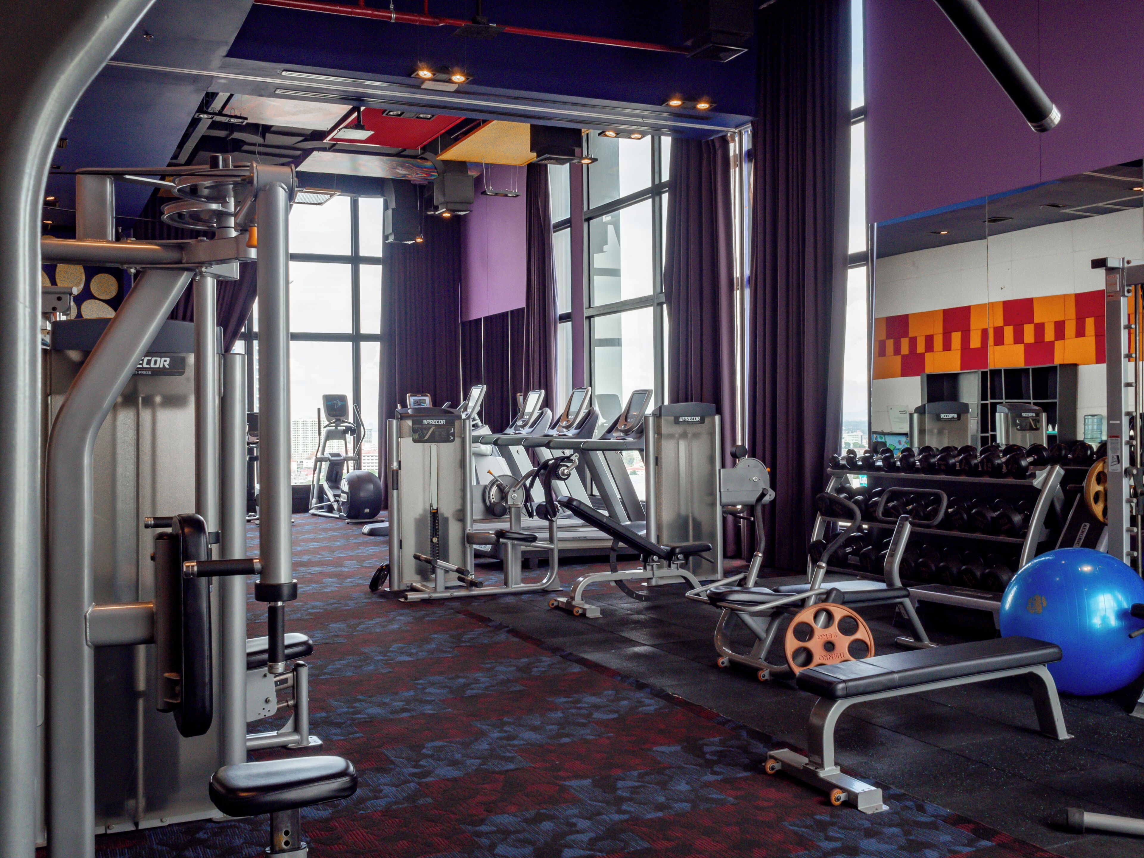 Ein Fitnessstudio mit unterschiedlichen Trainingsgeräten, großen Fenstern und einem gemusterten Teppich.