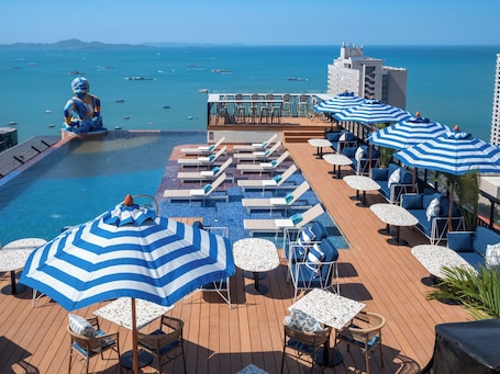 A rooftop pool area with lounge chairs, umbrellas, and a view of the sea.