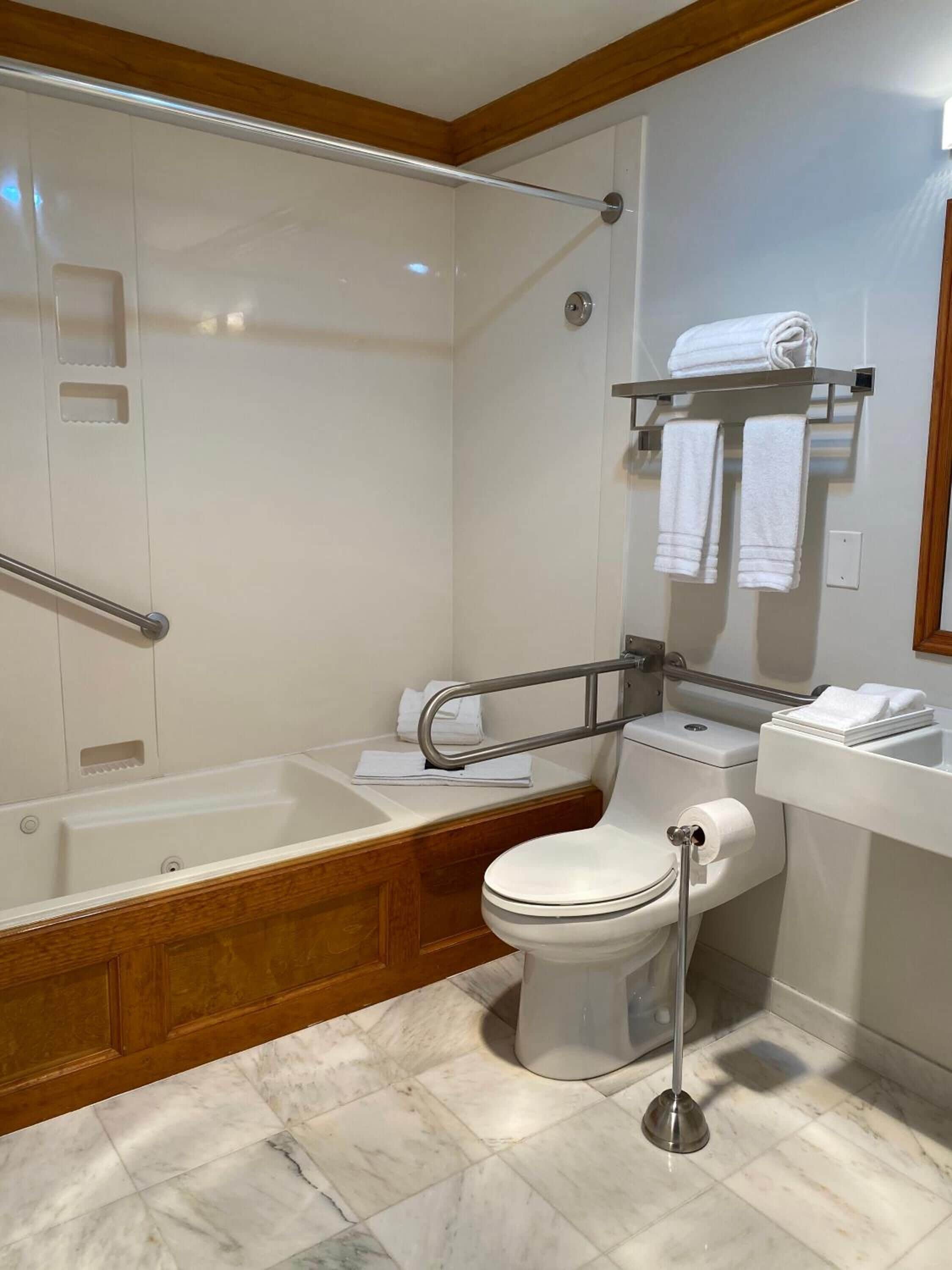 A bathroom with a bathtub, toilet, and shower area, equipped with grab bars and a handrail.
